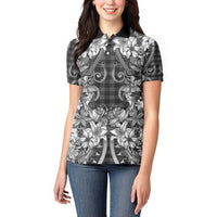 Hawaii Palaka Women Polo Shirt Black Tribal Pattern With Tropical Flowers - Polynesian Pride