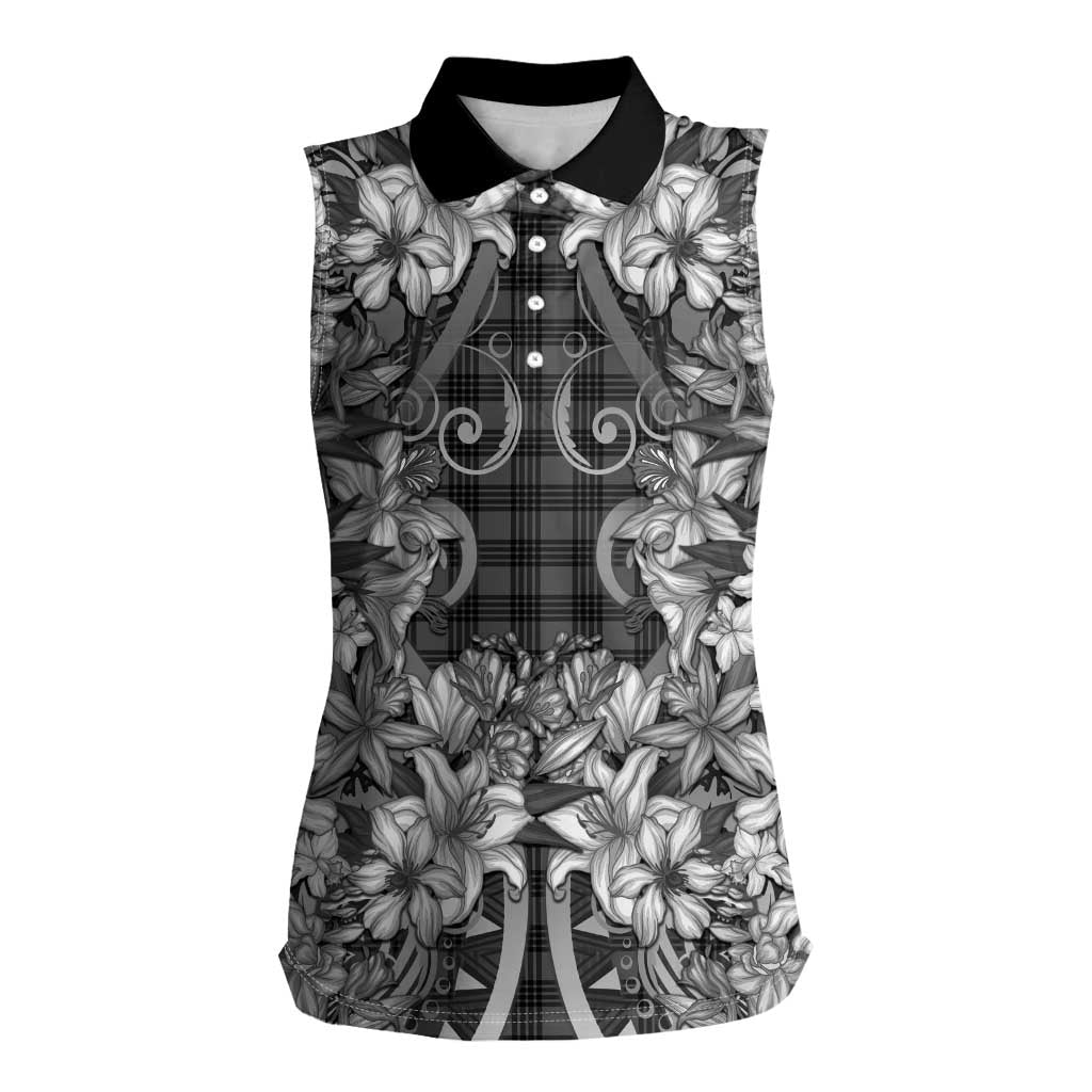 Hawaii Palaka Women Sleeveless Polo Shirt Black Tribal Pattern With Tropical Flowers - Polynesian Pride