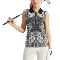 Hawaii Palaka Women Sleeveless Polo Shirt Black Tribal Pattern With Tropical Flowers - Polynesian Pride