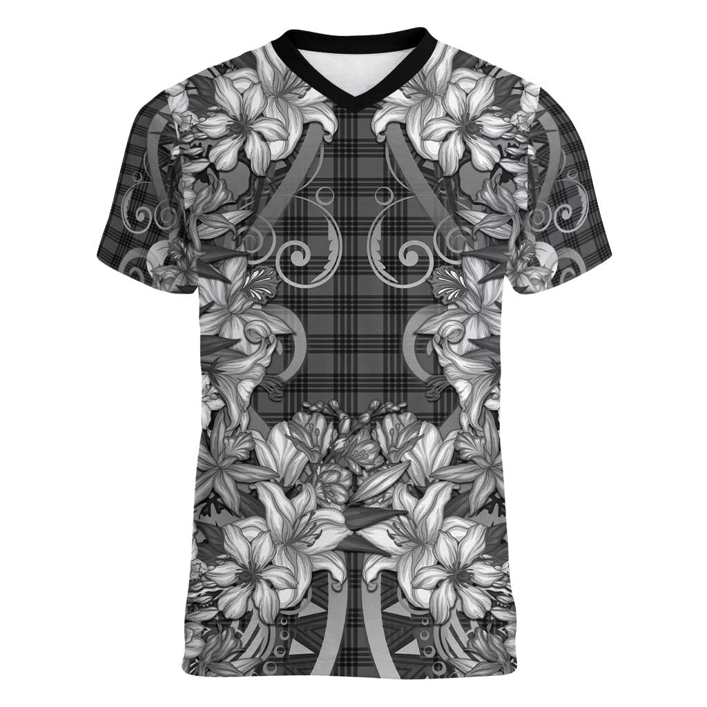 Hawaii Palaka Women V-Neck T-Shirt Black Tribal Pattern With Tropical Flowers - Polynesian Pride