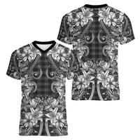 Hawaii Palaka Women V-Neck T-Shirt Black Tribal Pattern With Tropical Flowers - Polynesian Pride