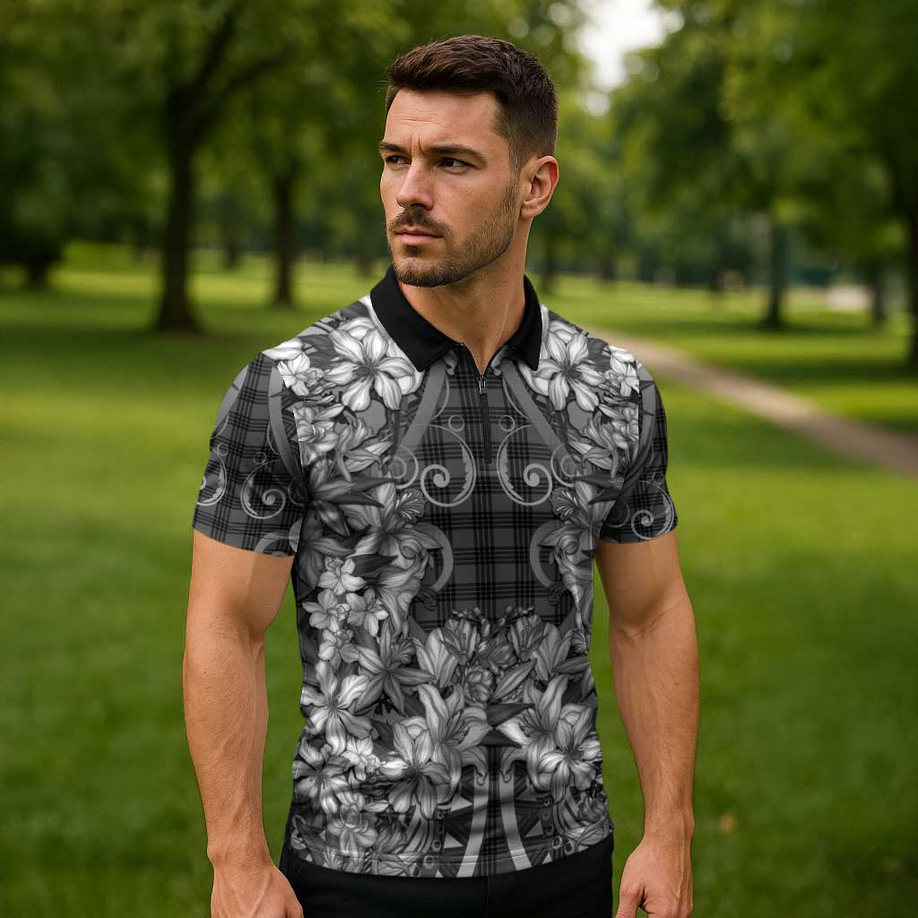 Hawaii Palaka Zipper Polo Shirt Black Tribal Pattern With Tropical Flowers - Polynesian Pride