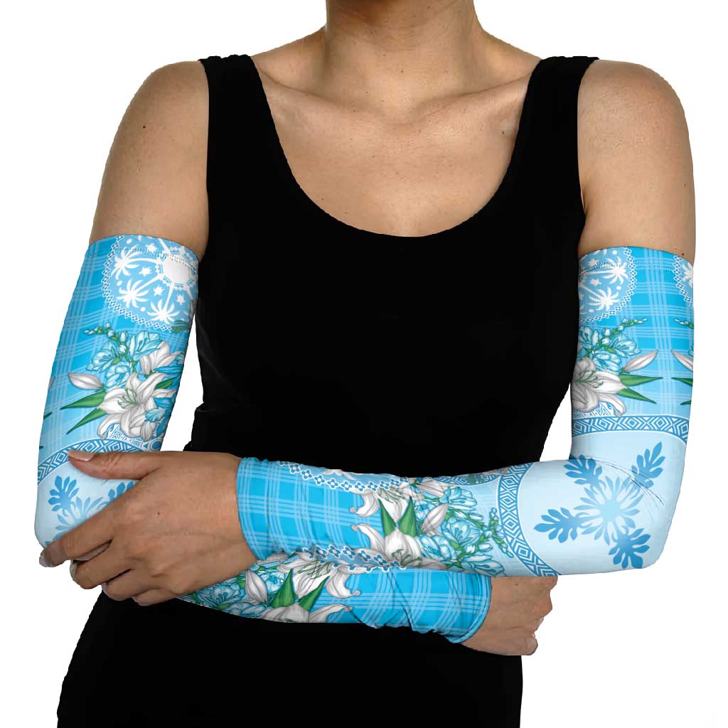 Hawaii Cyan Palaka Arm Sleeves With Tapa Pattern Tropical Flowers - Polynesian Pride