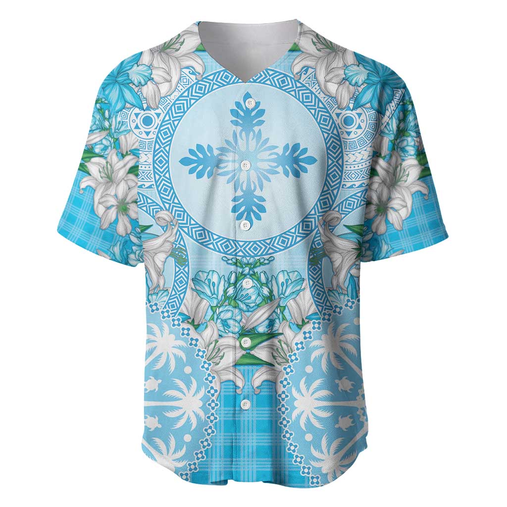 Hawaii Cyan Palaka Baseball Jersey With Tapa Pattern Tropical Flowers - Polynesian Pride