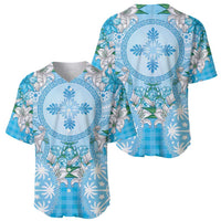 Hawaii Cyan Palaka Baseball Jersey With Tapa Pattern Tropical Flowers - Polynesian Pride