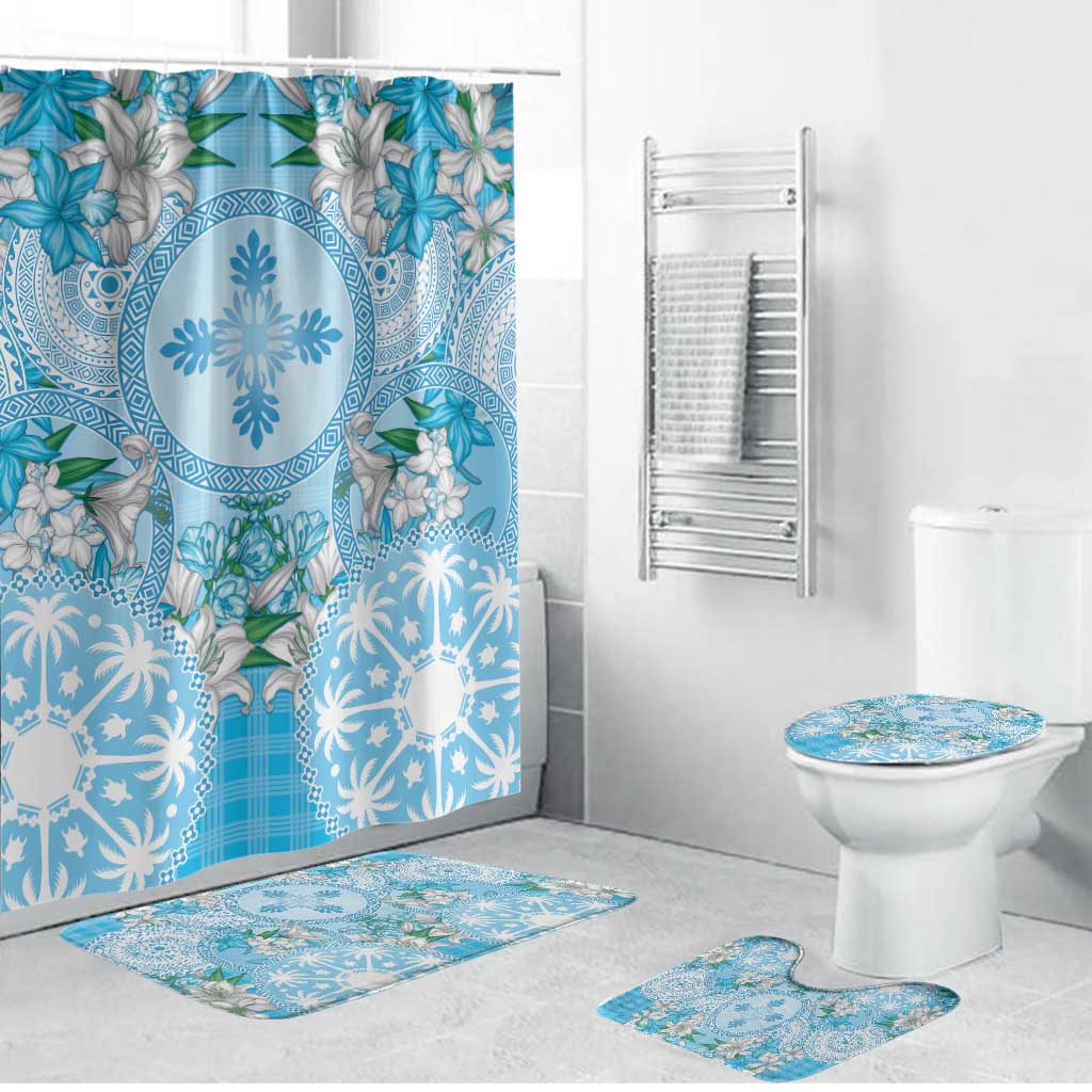 Hawaii Cyan Palaka Bathroom Set With Tapa Pattern Tropical Flowers - Polynesian Pride