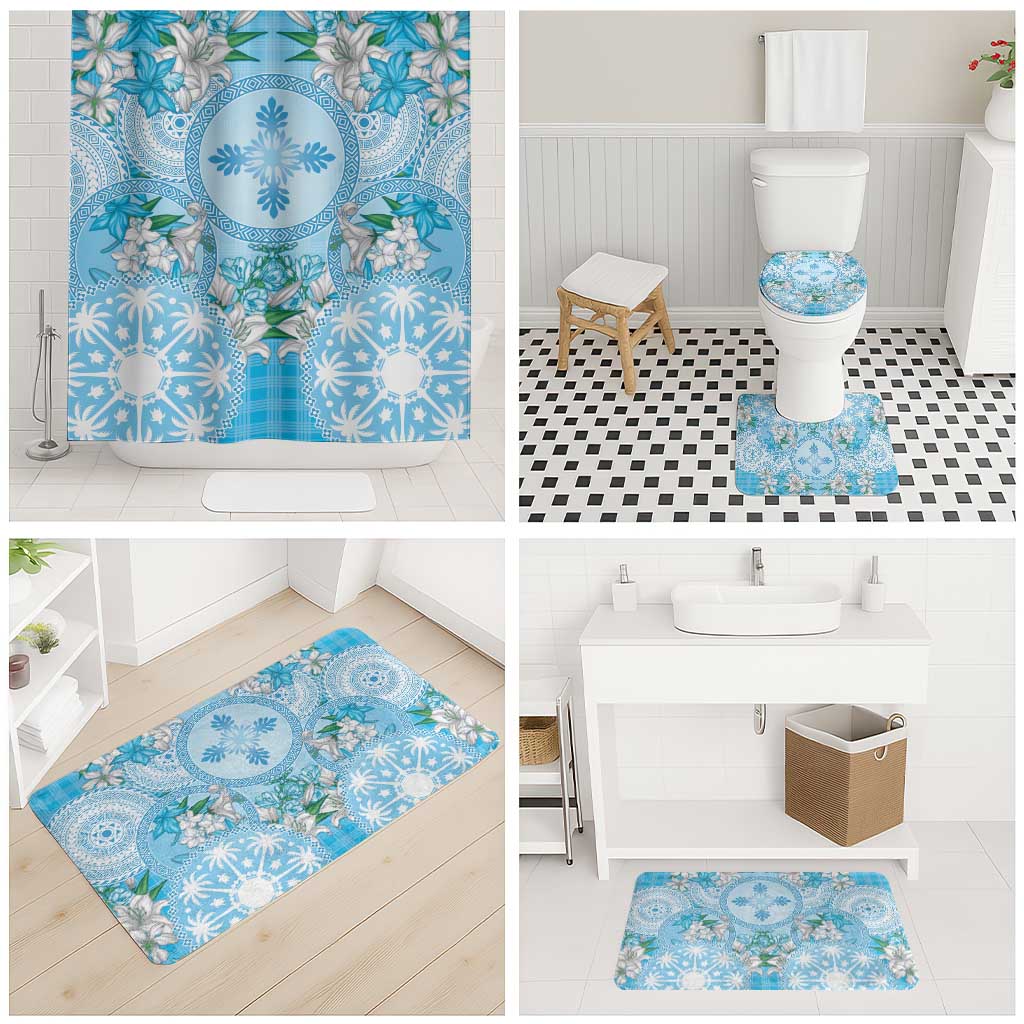 Hawaii Cyan Palaka Bathroom Set With Tapa Pattern Tropical Flowers - Polynesian Pride