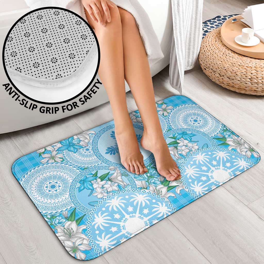Hawaii Cyan Palaka Bathroom Set With Tapa Pattern Tropical Flowers - Polynesian Pride