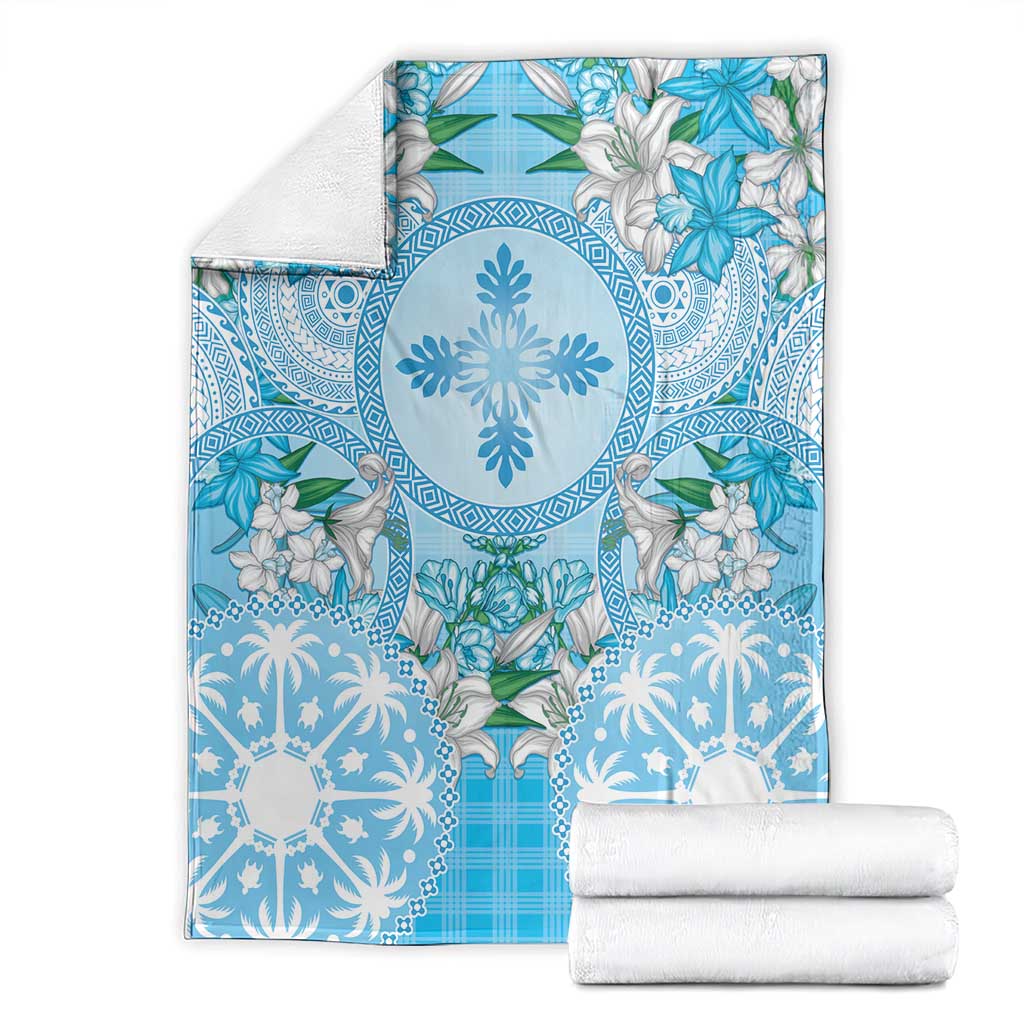 Hawaii Cyan Palaka Blanket With Tapa Pattern Tropical Flowers - Polynesian Pride