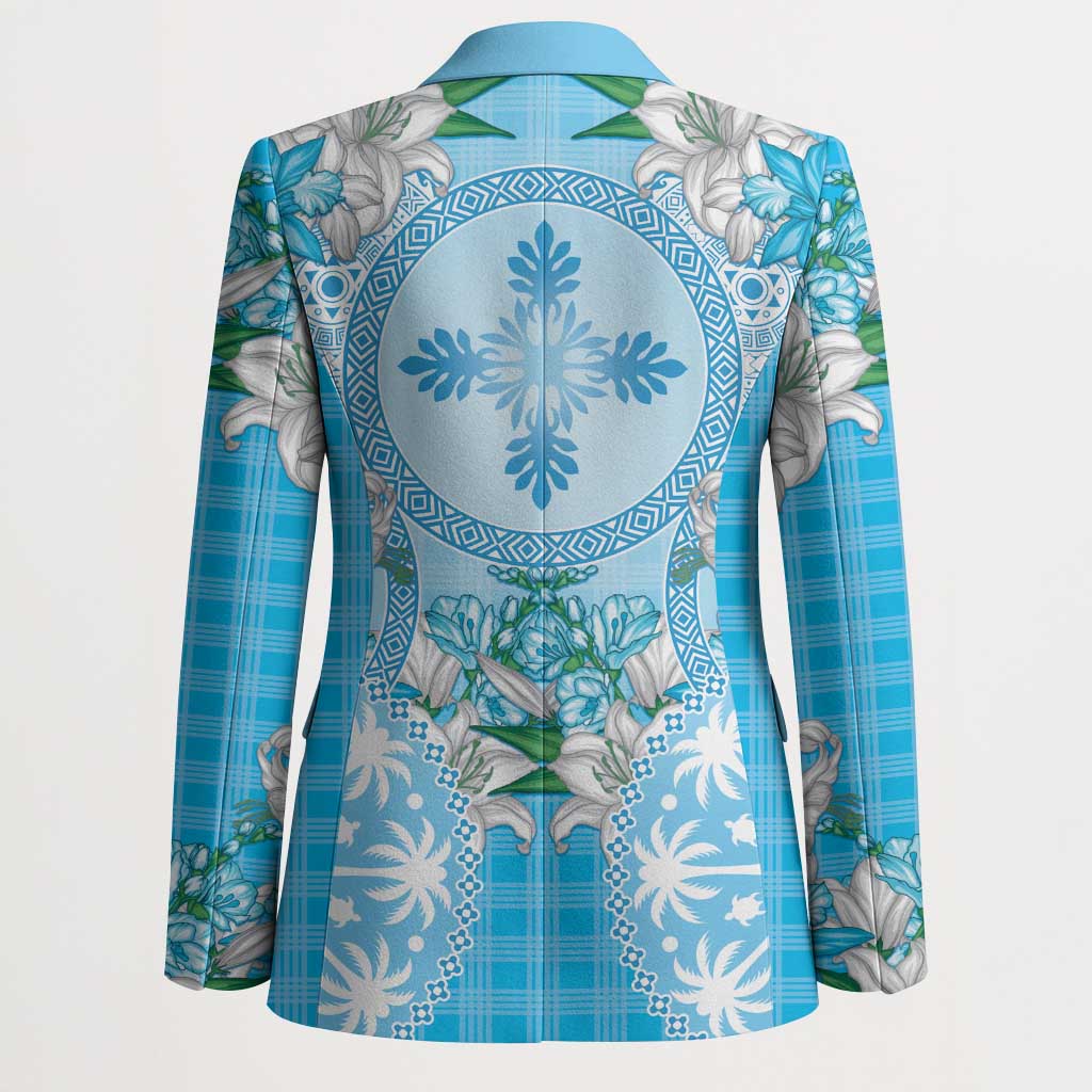 Hawaii Cyan Palaka Blazer With Tapa Pattern Tropical Flowers - Polynesian Pride