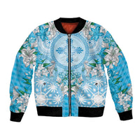 Hawaii Cyan Palaka Bomber Jacket With Tapa Pattern Tropical Flowers - Polynesian Pride