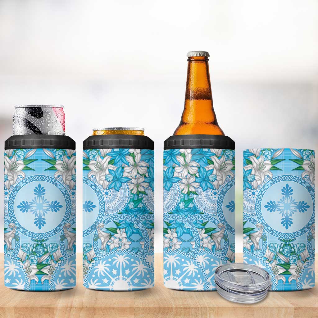 Hawaii Cyan Palaka 4 in 1 Can Cooler Tumbler With Tapa Pattern Tropical Flowers - Polynesian Pride