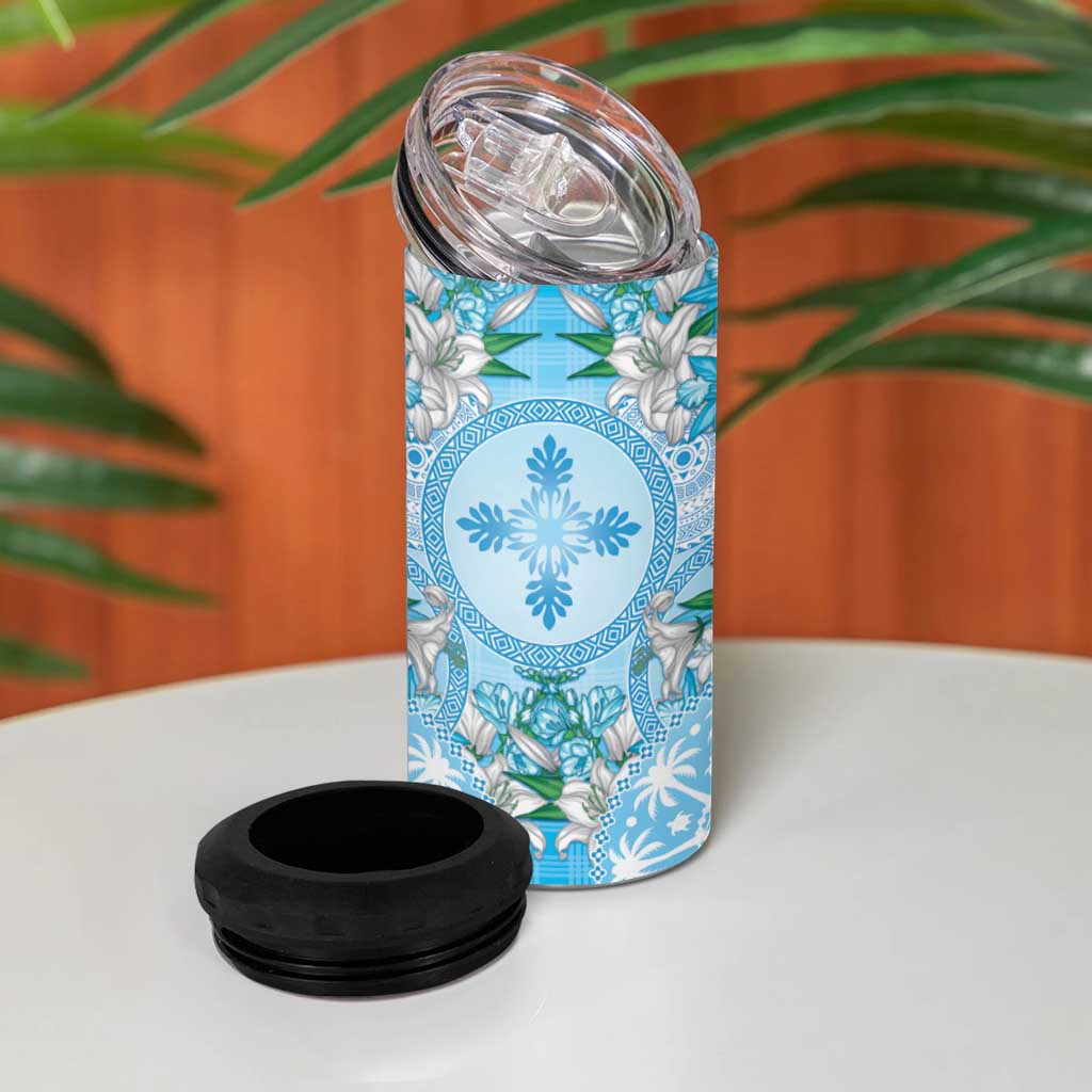 Hawaii Cyan Palaka 4 in 1 Can Cooler Tumbler With Tapa Pattern Tropical Flowers - Polynesian Pride
