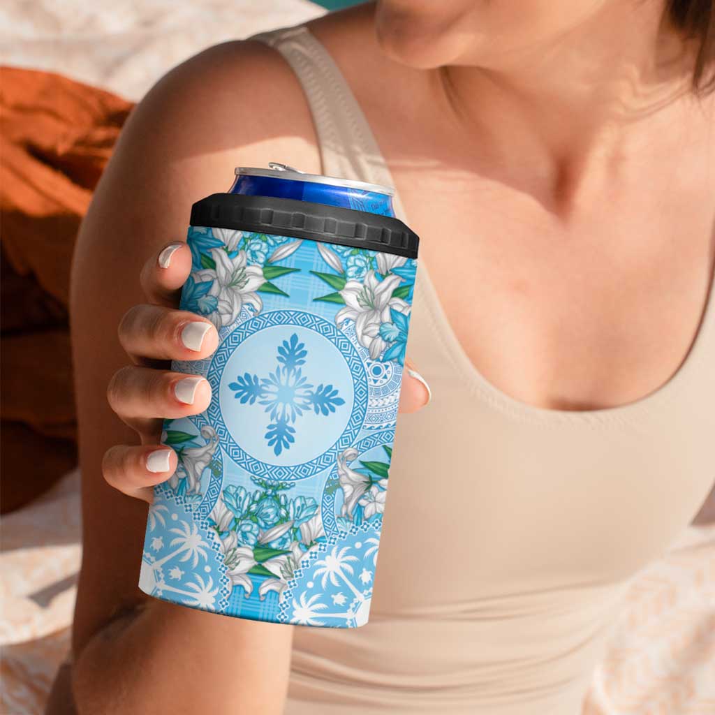 Hawaii Cyan Palaka 4 in 1 Can Cooler Tumbler With Tapa Pattern Tropical Flowers - Polynesian Pride