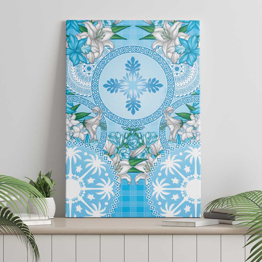Hawaii Cyan Palaka Canvas Wall Art With Tapa Pattern Tropical Flowers - Polynesian Pride