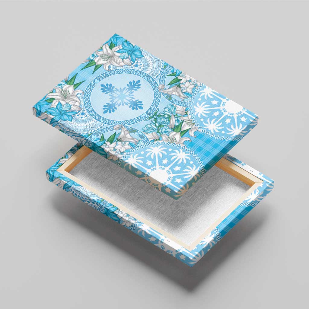 Hawaii Cyan Palaka Canvas Wall Art With Tapa Pattern Tropical Flowers - Polynesian Pride
