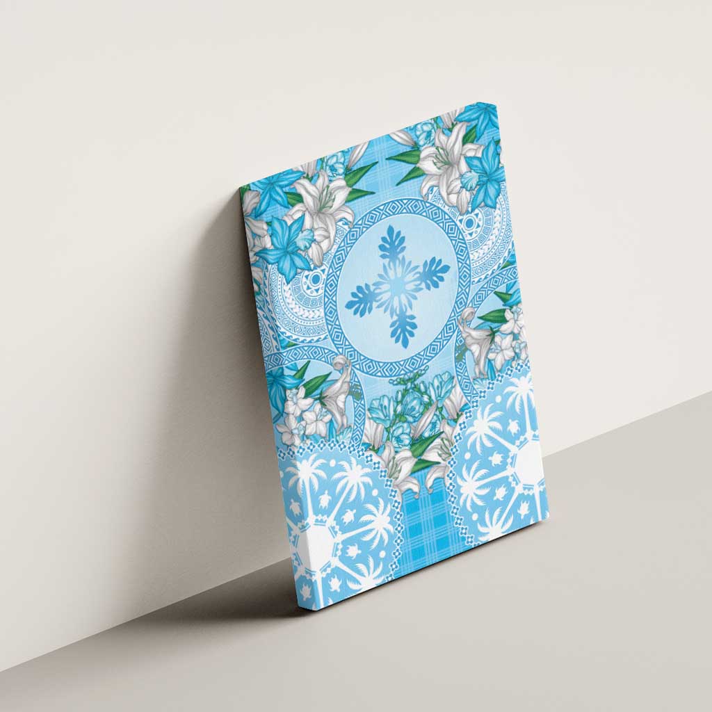 Hawaii Cyan Palaka Canvas Wall Art With Tapa Pattern Tropical Flowers - Polynesian Pride