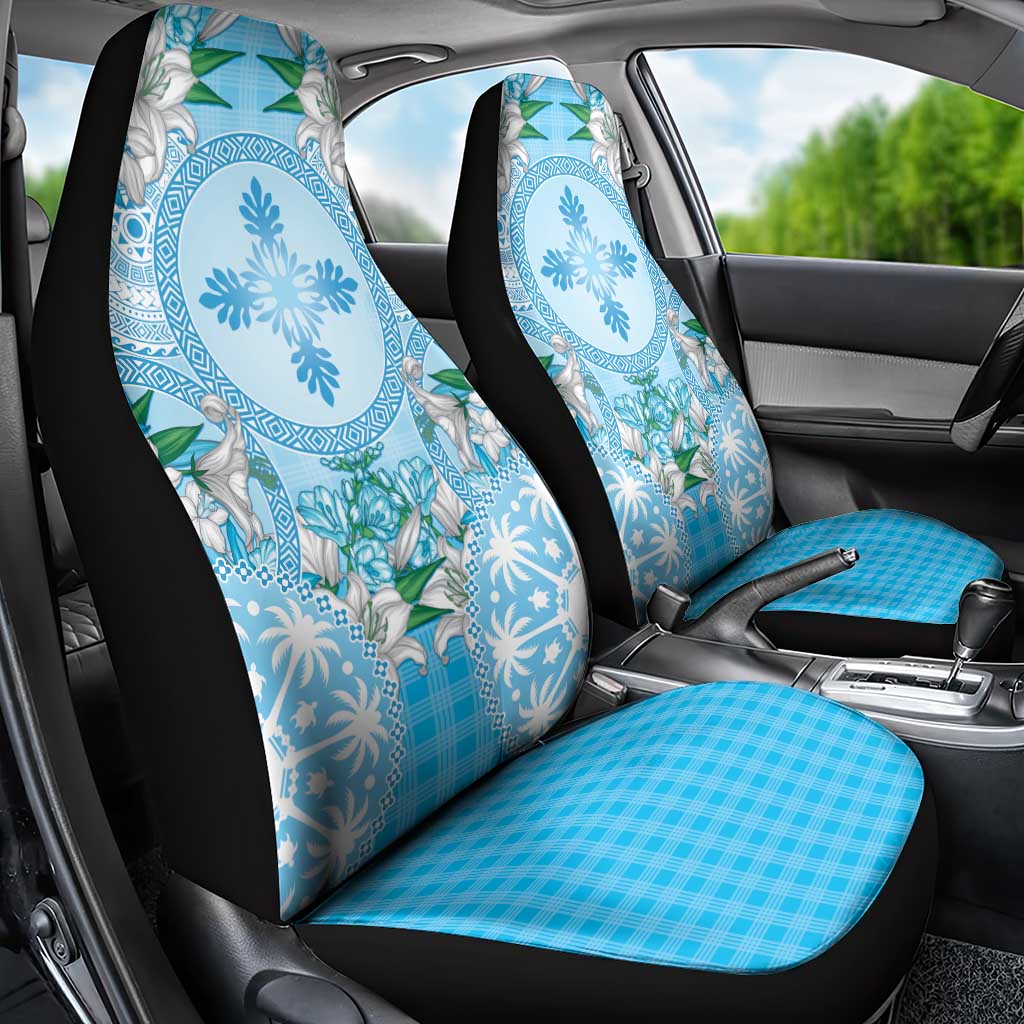 Hawaii Cyan Palaka Car Seat Cover With Tapa Pattern Tropical Flowers - Polynesian Pride