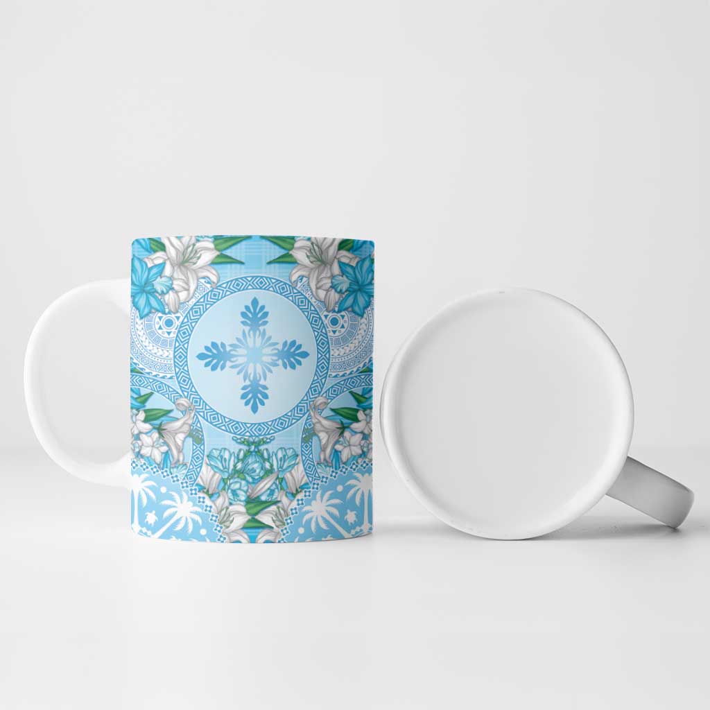 Hawaii Cyan Palaka Ceramic Mug With Tapa Pattern Tropical Flowers - Polynesian Pride