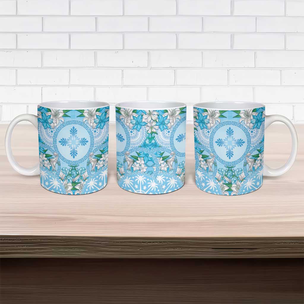 Hawaii Cyan Palaka Ceramic Mug With Tapa Pattern Tropical Flowers - Polynesian Pride
