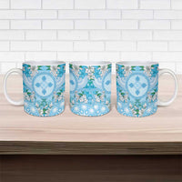 Hawaii Cyan Palaka Ceramic Mug With Tapa Pattern Tropical Flowers - Polynesian Pride