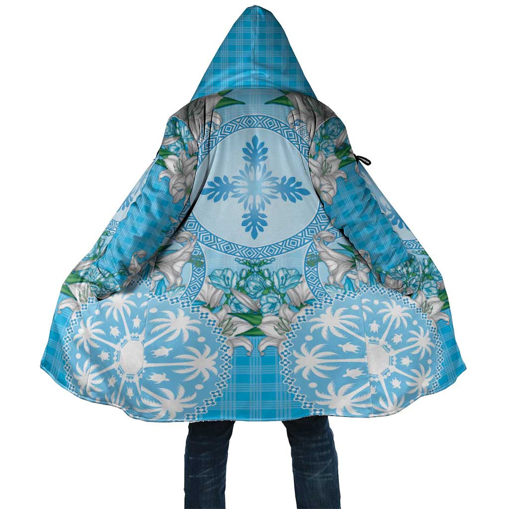 Hawaii Cyan Palaka Cloak With Tapa Pattern Tropical Flowers - Polynesian Pride