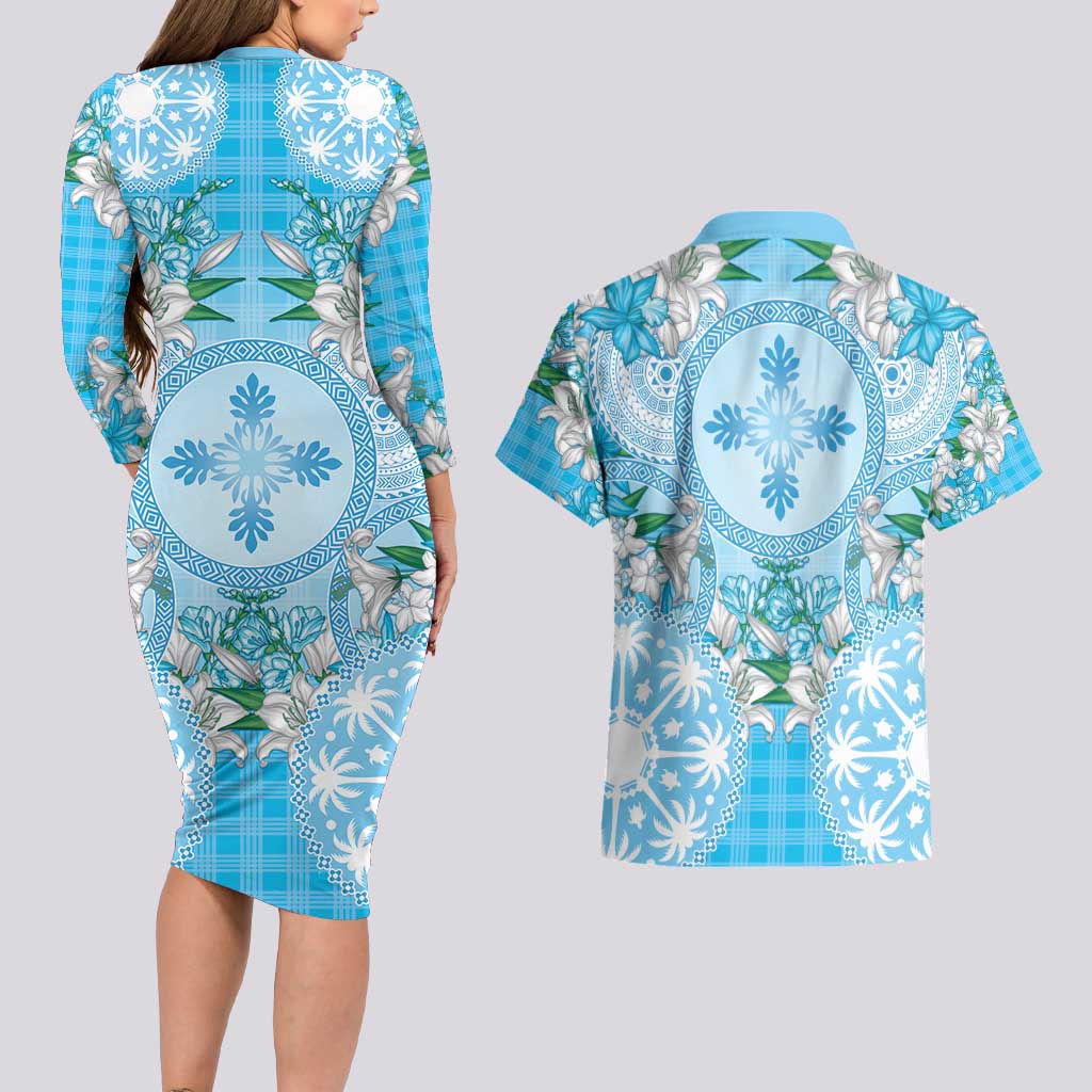 Hawaii Cyan Palaka Couples Matching Long Sleeve Bodycon Dress and Hawaiian Shirt With Tapa Pattern Tropical Flowers - Polynesian Pride
