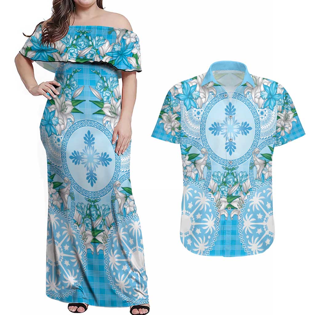 Hawaii Cyan Palaka Couples Matching Off Shoulder Maxi Dress and Hawaiian Shirt With Tapa Pattern Tropical Flowers - Polynesian Pride