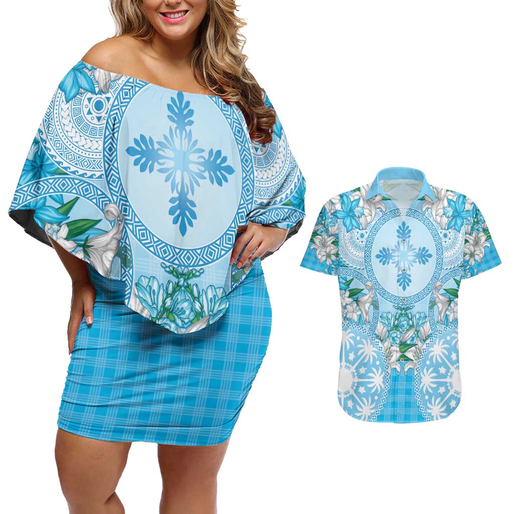 Hawaii Cyan Palaka Couples Matching Off Shoulder Short Dress and Hawaiian Shirt With Tapa Pattern Tropical Flowers - Polynesian Pride
