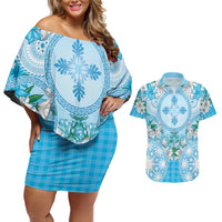 Hawaii Cyan Palaka Couples Matching Off Shoulder Short Dress and Hawaiian Shirt With Tapa Pattern Tropical Flowers - Polynesian Pride