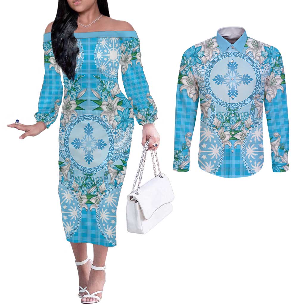 Hawaii Cyan Palaka Couples Matching Off The Shoulder Long Sleeve Dress and Long Sleeve Button Shirt With Tapa Pattern Tropical Flowers - Polynesian Pride