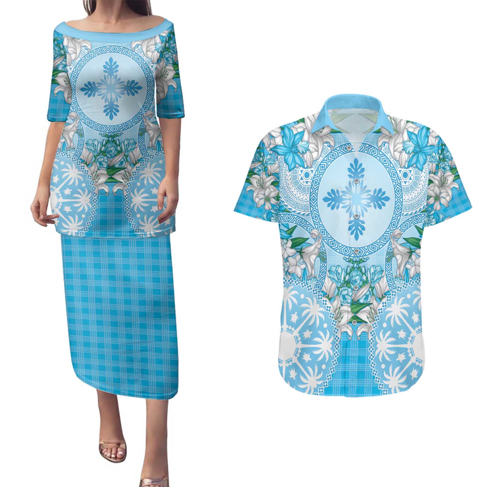 Hawaii Cyan Palaka Couples Matching Puletasi and Hawaiian Shirt With Tapa Pattern Tropical Flowers - Polynesian Pride