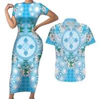 Hawaii Cyan Palaka Couples Matching Short Sleeve Bodycon Dress and Hawaiian Shirt With Tapa Pattern Tropical Flowers - Polynesian Pride