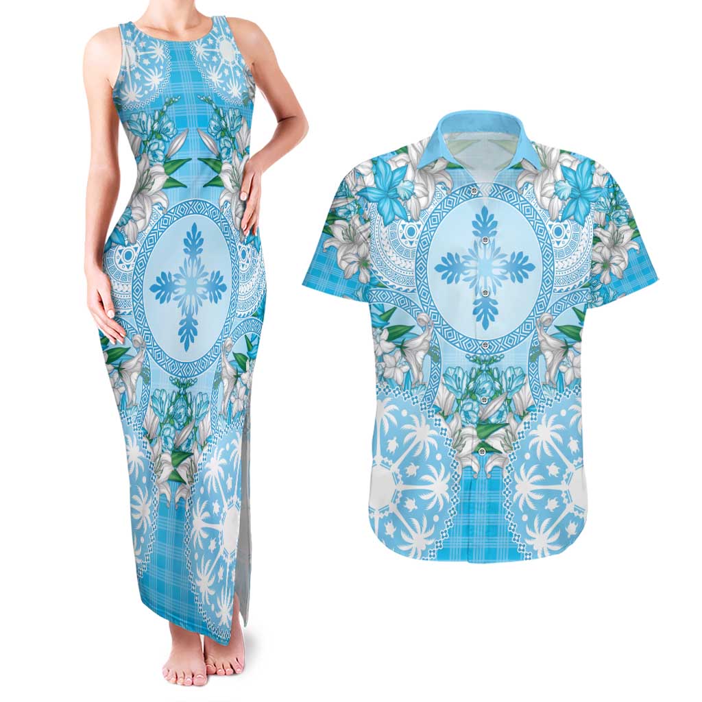 Hawaii Cyan Palaka Couples Matching Tank Maxi Dress and Hawaiian Shirt With Tapa Pattern Tropical Flowers - Polynesian Pride