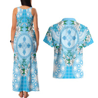 Hawaii Cyan Palaka Couples Matching Tank Maxi Dress and Hawaiian Shirt With Tapa Pattern Tropical Flowers - Polynesian Pride
