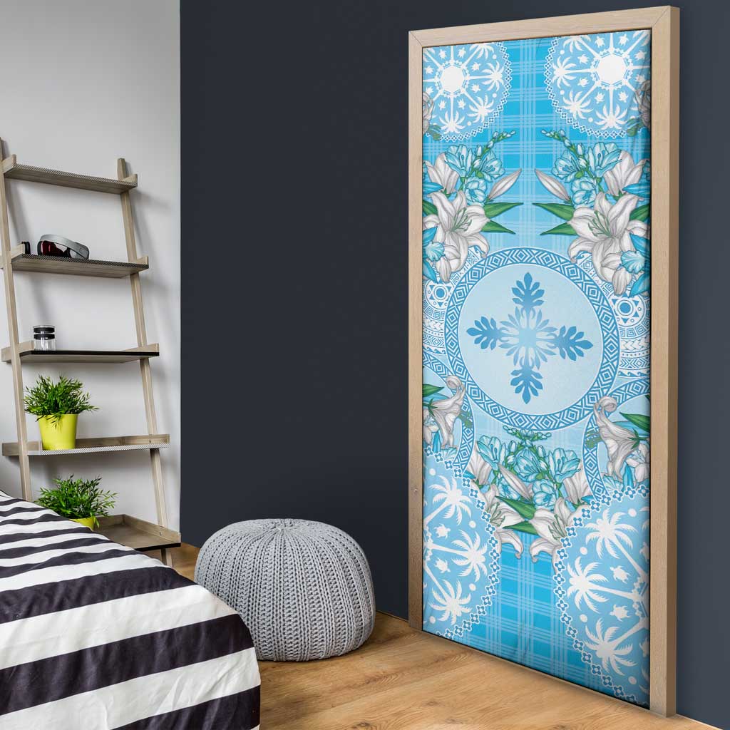 Hawaii Cyan Palaka Door Cover With Tapa Pattern Tropical Flowers - Polynesian Pride