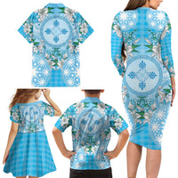 Hawaii Cyan Palaka Family Matching Long Sleeve Bodycon Dress and Hawaiian Shirt With Tapa Pattern Tropical Flowers - Polynesian Pride