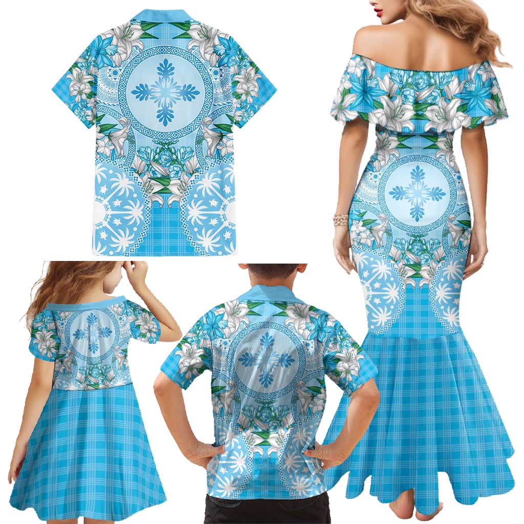 Hawaii Cyan Palaka Family Matching Mermaid Dress and Hawaiian Shirt With Tapa Pattern Tropical Flowers - Polynesian Pride