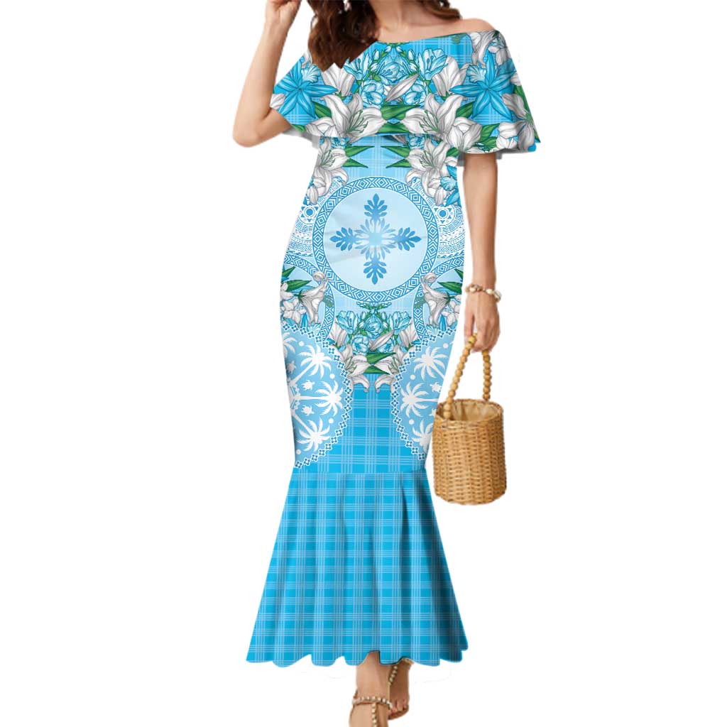Hawaii Cyan Palaka Family Matching Mermaid Dress and Hawaiian Shirt With Tapa Pattern Tropical Flowers - Polynesian Pride