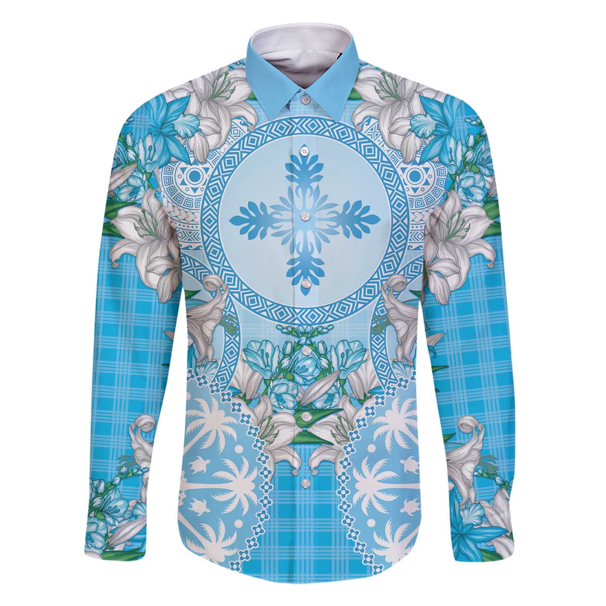 Hawaii Cyan Palaka Family Matching Off The Shoulder Long Sleeve Dress and Hawaiian Shirt With Tapa Pattern Tropical Flowers - Polynesian Pride