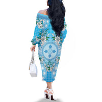 Hawaii Cyan Palaka Family Matching Off The Shoulder Long Sleeve Dress and Hawaiian Shirt With Tapa Pattern Tropical Flowers - Polynesian Pride