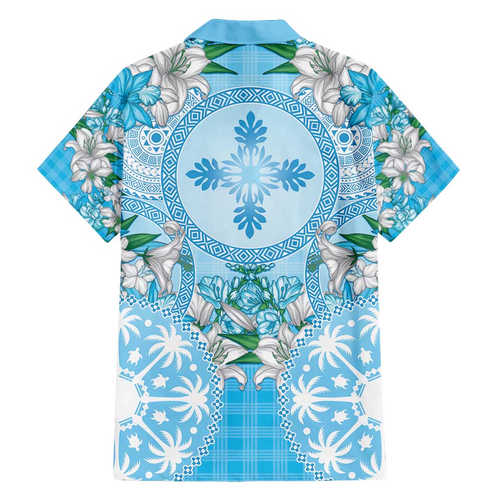 Hawaii Cyan Palaka Family Matching Off Shoulder Short Dress and Hawaiian Shirt With Tapa Pattern Tropical Flowers - Polynesian Pride
