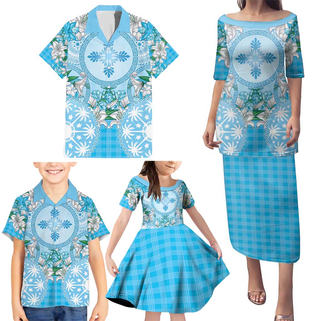 Hawaii Cyan Palaka Family Matching Puletasi and Hawaiian Shirt With Tapa Pattern Tropical Flowers - Polynesian Pride