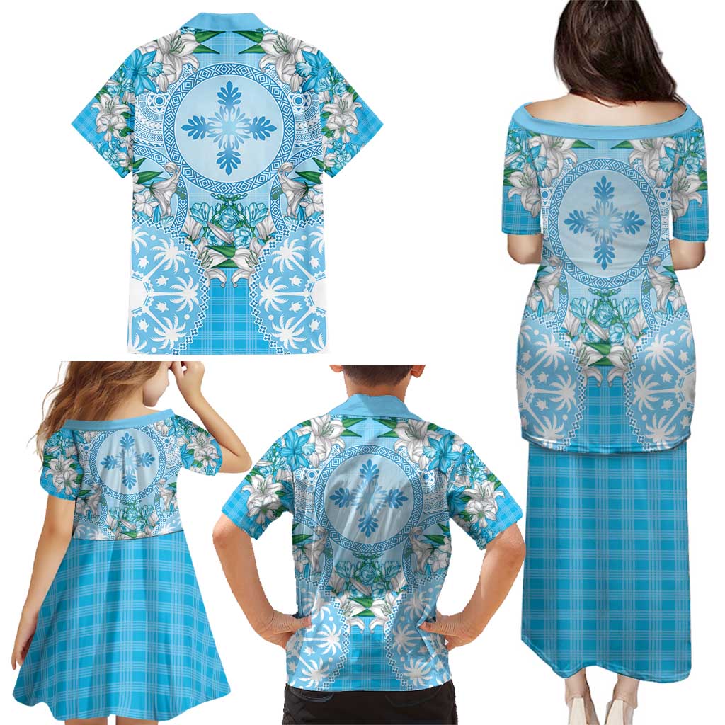 Hawaii Cyan Palaka Family Matching Puletasi and Hawaiian Shirt With Tapa Pattern Tropical Flowers - Polynesian Pride