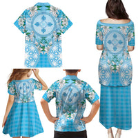 Hawaii Cyan Palaka Family Matching Puletasi and Hawaiian Shirt With Tapa Pattern Tropical Flowers - Polynesian Pride