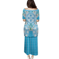 Hawaii Cyan Palaka Family Matching Puletasi and Hawaiian Shirt With Tapa Pattern Tropical Flowers - Polynesian Pride