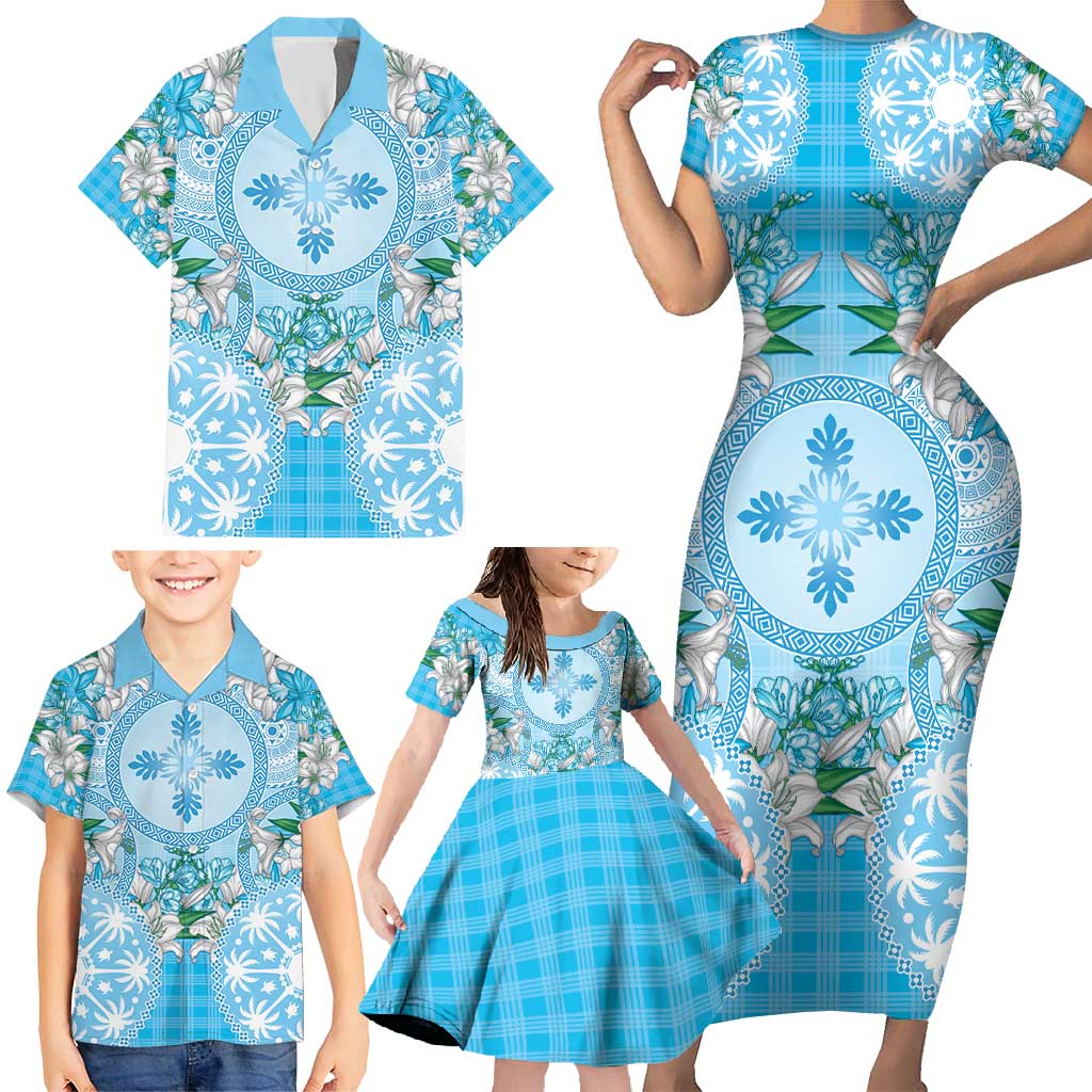 Hawaii Cyan Palaka Family Matching Short Sleeve Bodycon Dress and Hawaiian Shirt With Tapa Pattern Tropical Flowers - Polynesian Pride