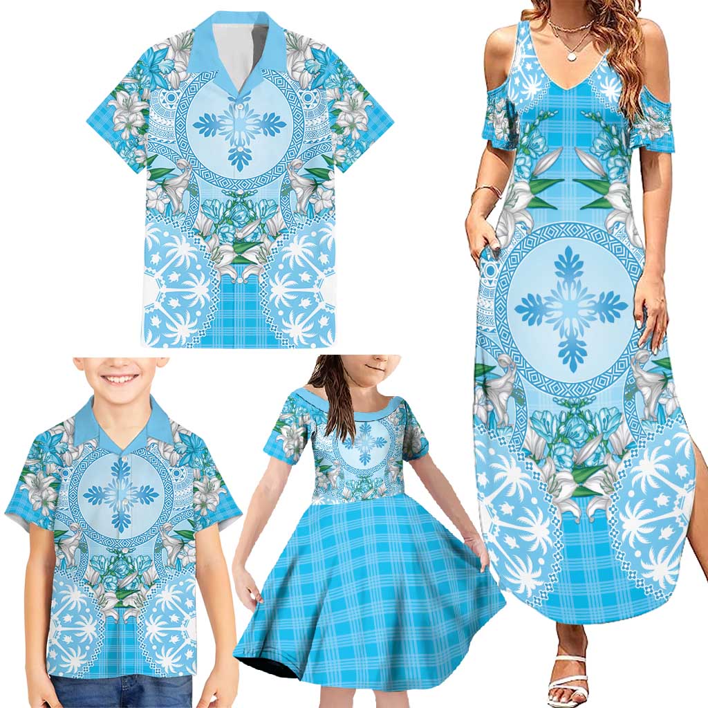 Hawaii Cyan Palaka Family Matching Summer Maxi Dress and Hawaiian Shirt With Tapa Pattern Tropical Flowers - Polynesian Pride