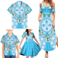 Hawaii Cyan Palaka Family Matching Summer Maxi Dress and Hawaiian Shirt With Tapa Pattern Tropical Flowers - Polynesian Pride