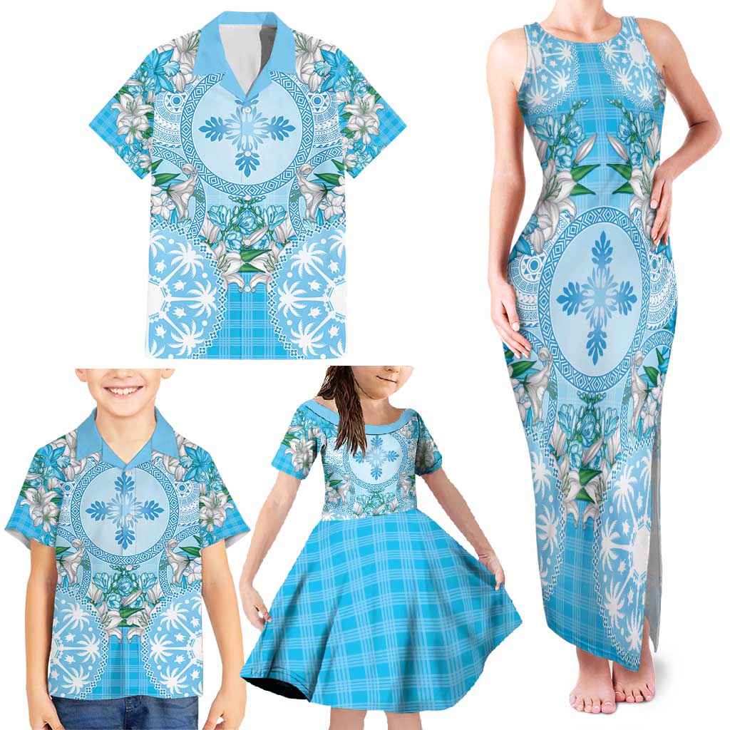Hawaii Cyan Palaka Family Matching Tank Maxi Dress and Hawaiian Shirt With Tapa Pattern Tropical Flowers - Polynesian Pride